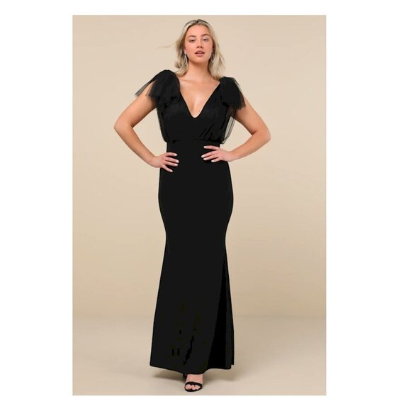 Lulus Fabulous Fun Black Tulle Flutter Sleeve Mermaid Maxi Dress Size Small NWOT - Picture 4 of 7